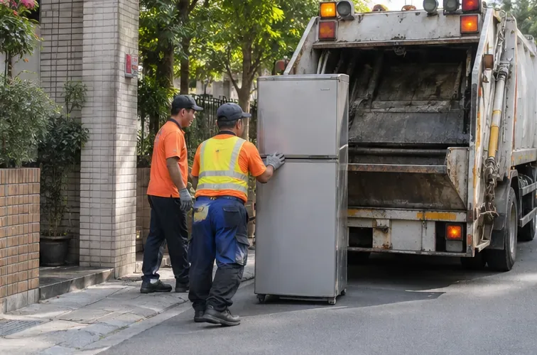 清運人員在住宅道路旁將舊冰箱推向清運車，示意依預約完成收運