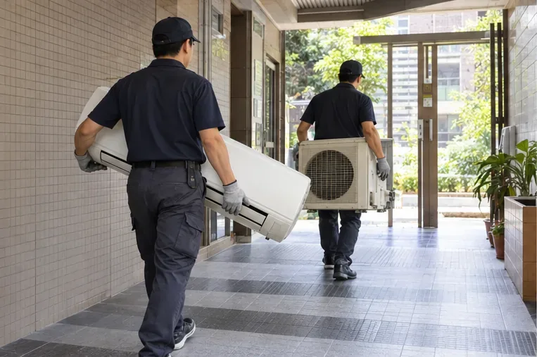 兩名穿工作服的人員搬運已拆下的分離式冷氣室內機與室外機，走廊保持暢通
