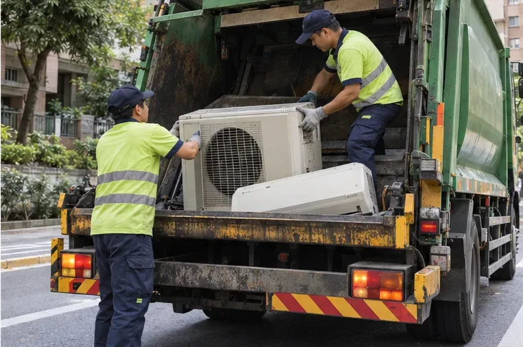 穿反光背心的收運人員將已拆下的冷氣室外機搬上回收清運卡車