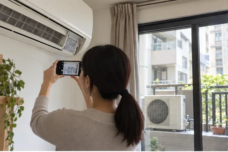 住家住戶拿手機拍攝牆上的分離式冷氣，陽台外可見室外機