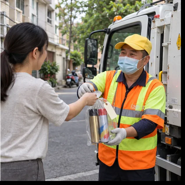 住戶在台灣住宅街道旁將獨立裝袋的噴霧罐交給穿反光背心的清潔隊員