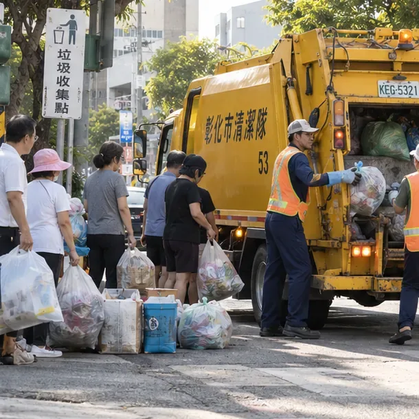 早晨固定垃圾收集點旁，民眾排隊將垃圾交給彰化市清潔隊人員