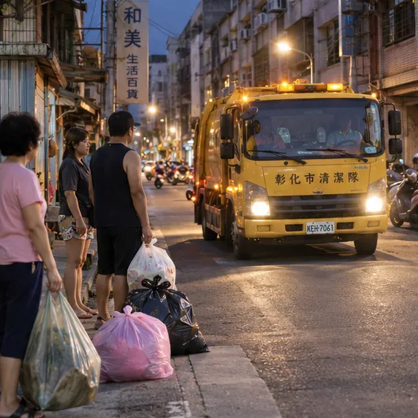 傍晚彰化市住宅街道旁，民眾拿著垃圾袋等待黃色清潔車接近