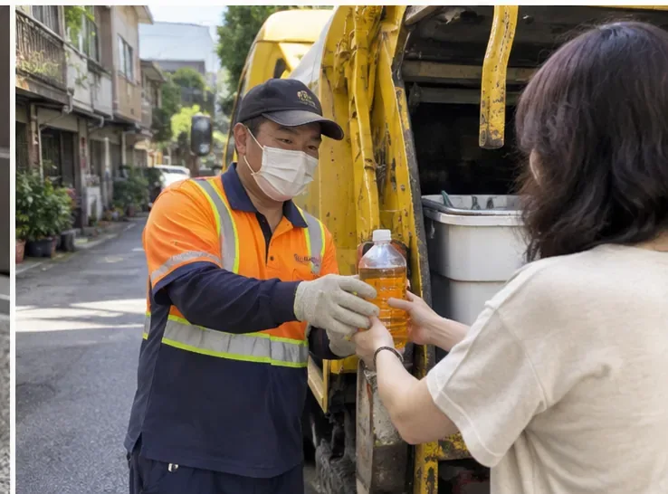 民眾把裝有廢食用油並密封的塑膠瓶交給清運車旁的清潔人員