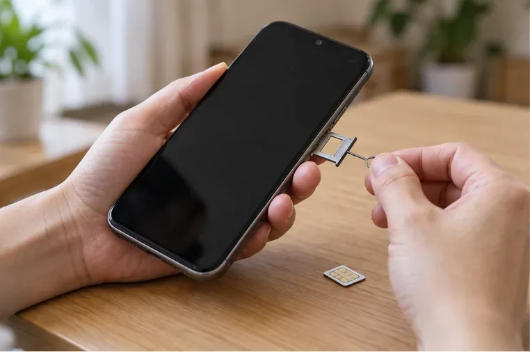 一雙手使用退卡針從舊手機側邊取出 SIM 卡托，桌面上放著 SIM 卡