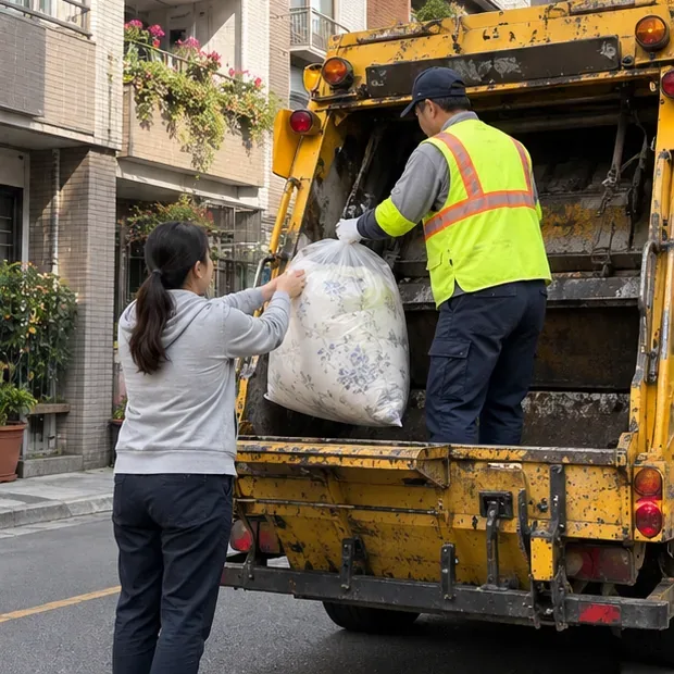 清潔人員從住戶手中接過已打包的舊棉被並搬上清運車