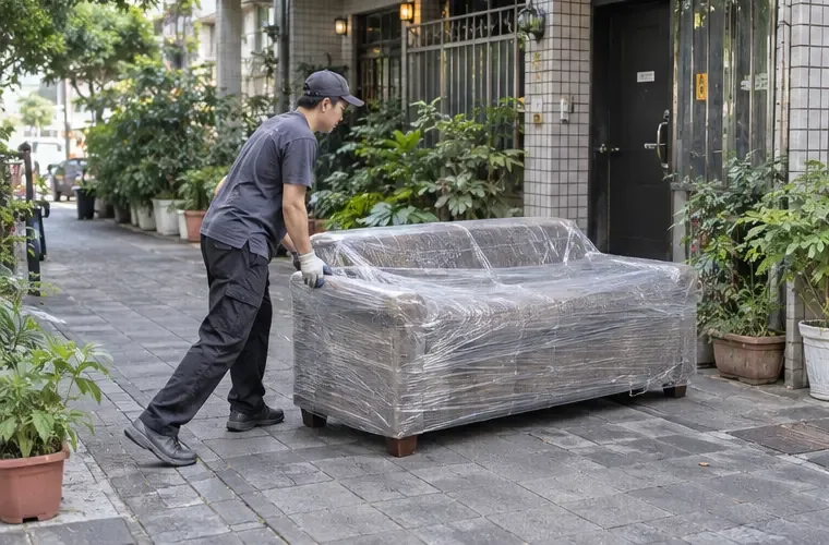 住戶把以防塵膜包覆的舊沙發推到住宅外的清運位置，並保持通道暢通