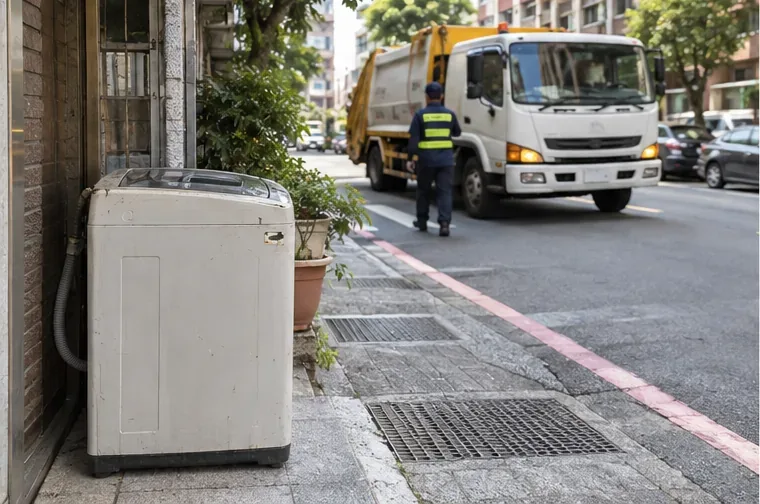 一台舊洗衣機已移到住家外側靠牆位置，街道上有清運車與工作人員準備進行收運