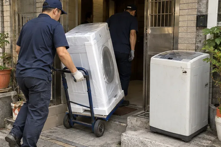 搬運人員使用手推車將新洗衣機推入住家入口，旁邊放著等待交付回收的舊洗衣機