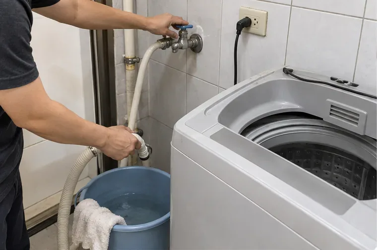 住家洗衣空間中，一名住戶關閉水龍頭並卸下洗衣機進水管，旁邊放著接殘水的水桶