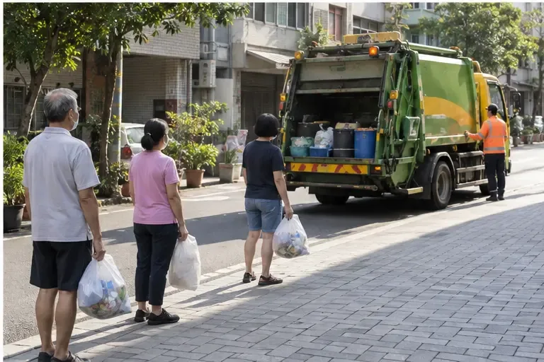 臺灣住宅街道上的定點回收場景，回收車停靠路旁，居民在安全距離等待交付回收物