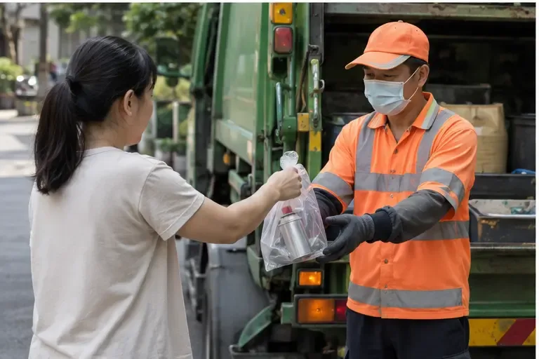 居民把獨立包裝的小型瓦斯罐交給穿著反光制服的資源回收工作人員