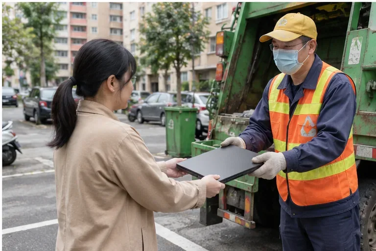 民眾在住宅區街道旁把關機的舊筆電交給資源回收車工作人員