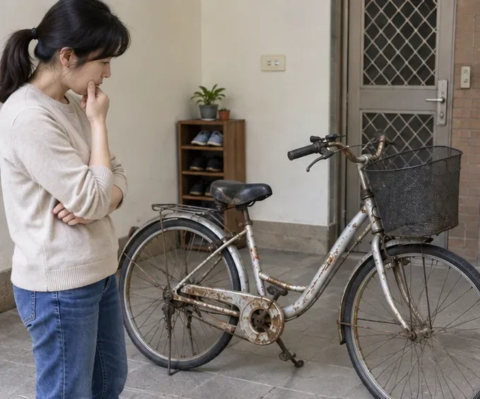 一名住戶在家門口查看一台鏽蝕明顯的舊腳踏車，檢查車架、輪胎與傳動部件狀況