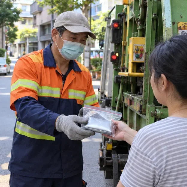 民眾將另行包裝的膨脹行動電源直接交給資源回收車人員，沒有混入其他回收物。