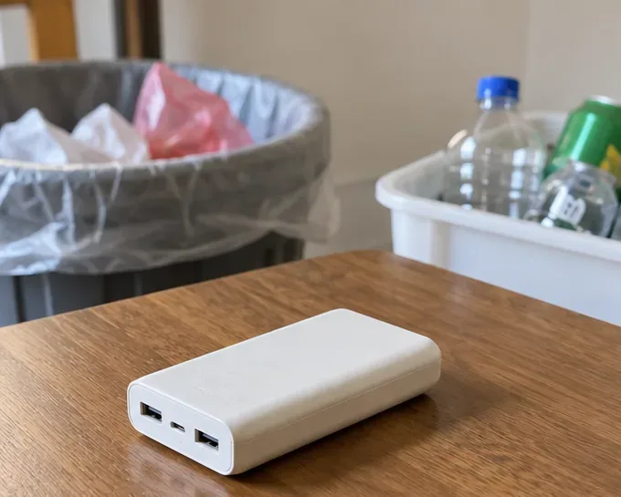 一顆白色行動電源單獨放在桌面，後方分別可見一般垃圾桶與資源回收容器，示意廢行動電源應先從垃圾與其他回收物中分開。