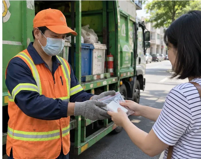 民眾在街邊將裝有行動電源的透明袋直接交給穿反光背心與手套的資源回收人員，旁邊停著綠色回收車。