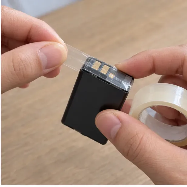 雙手用絕緣膠帶覆蓋可拆式鋰電池頂端外露的金屬接點