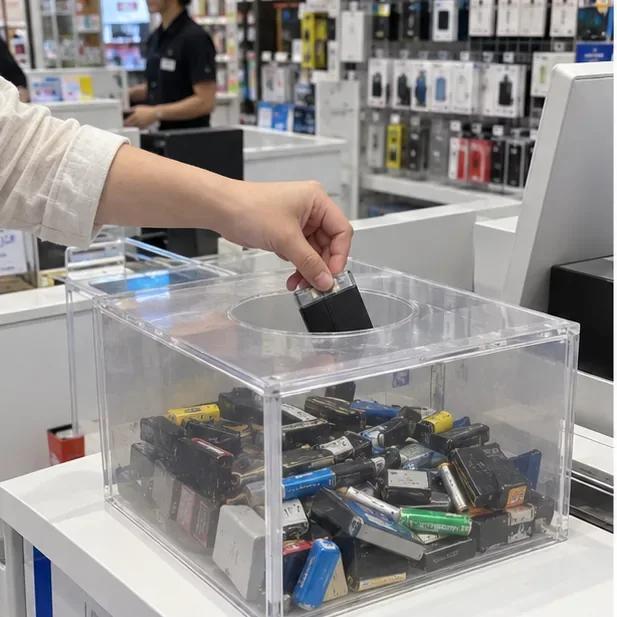 民眾將已貼好絕緣膠帶的小型電池交到電子用品店櫃台旁的電池回收箱