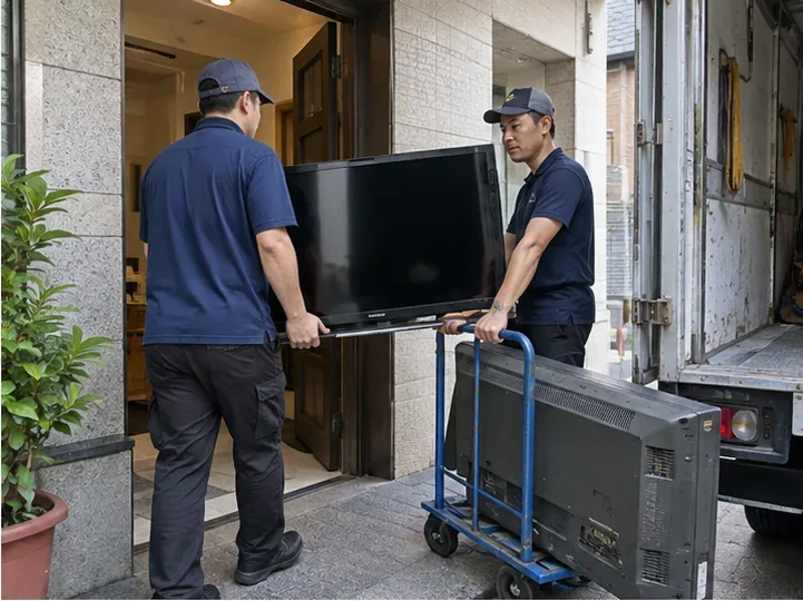 兩名家電搬運人員在住宅門口搬運舊電視並準備裝車