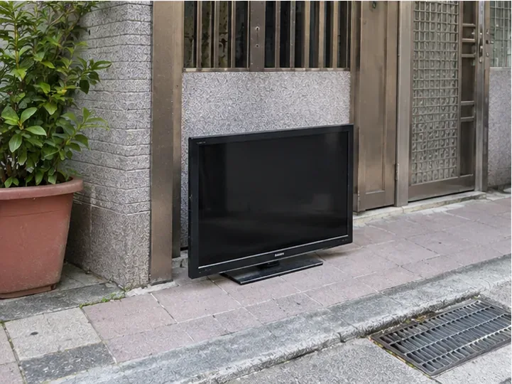 一台完整舊電視放在住宅大門外側等待已約定的清運