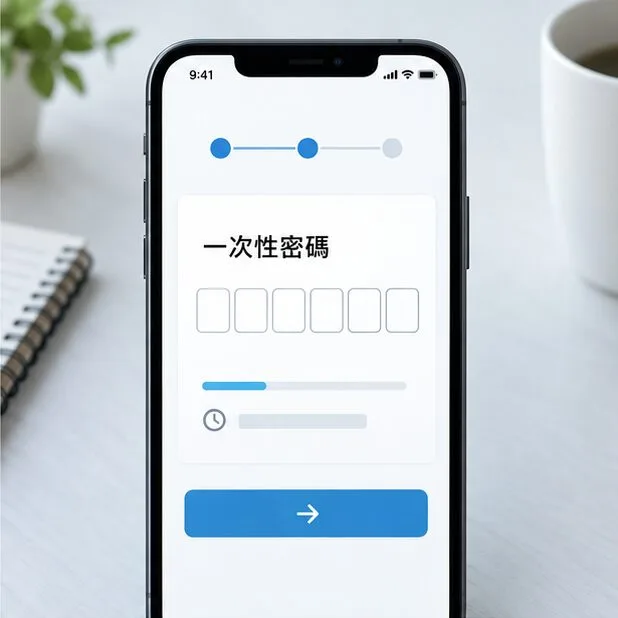 手機顯示一次性密碼輸入欄位與繼續按鈕的流程畫面
