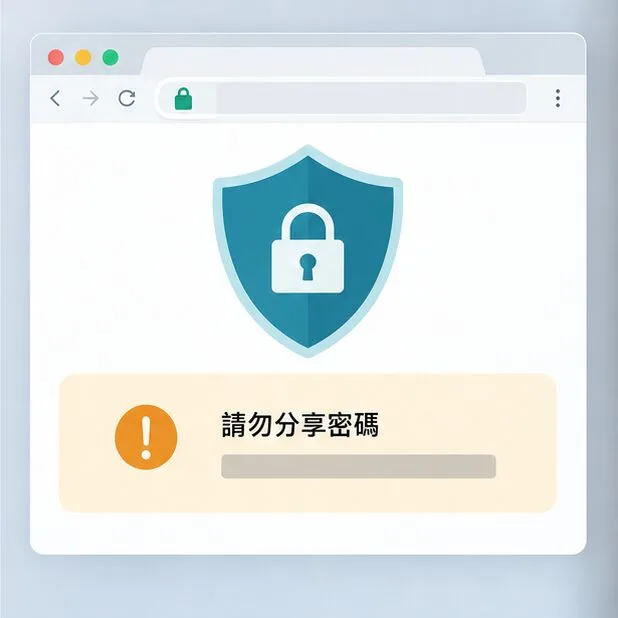 瀏覽器畫面顯示鎖頭與盾牌圖示，並提醒不要分享密碼