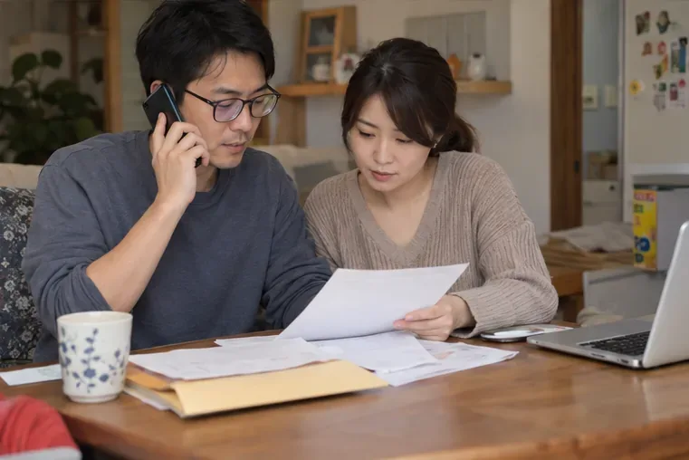 一對伴侶在家查看健保相關文件，其中一人正以手機通話詢問資料。