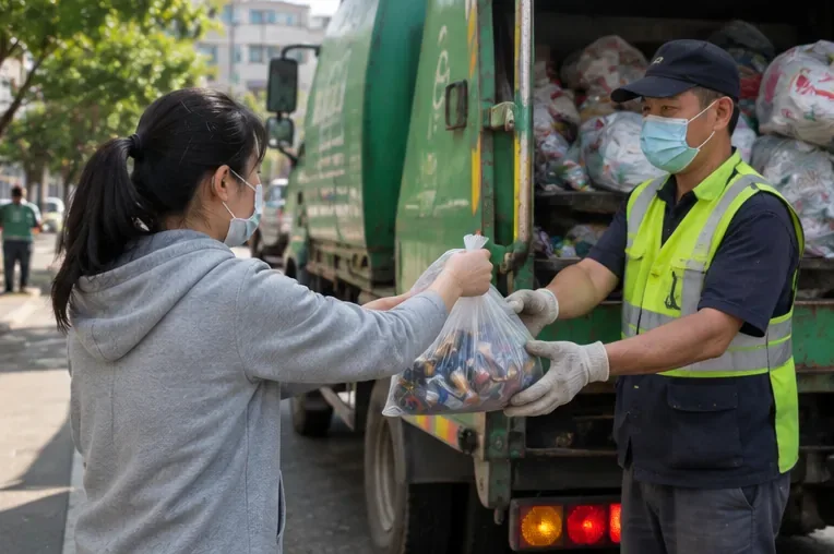 民眾將裝有廢乾電池的袋子交給資源回收車旁的清潔人員