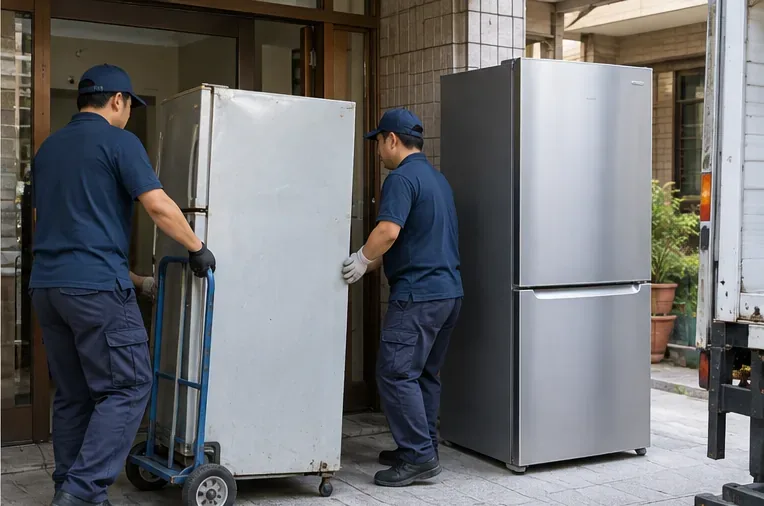 搬運人員使用手推車搬出舊冰箱，旁邊可見準備送入住宅的新冰箱