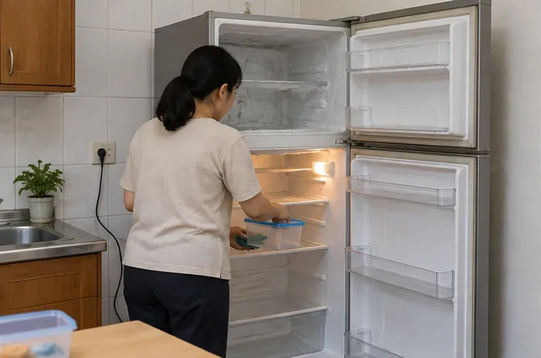 住戶在廚房清空舊冰箱內的食品與容器，準備後續回收搬運