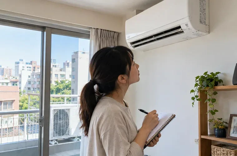 住戶在室內查看壁掛式冷氣與室外機位置，準備整理機型和拆除資訊
