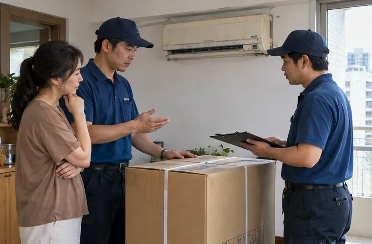 住戶與冷氣販賣及安裝人員在新冷氣紙箱旁討論舊機回收安排