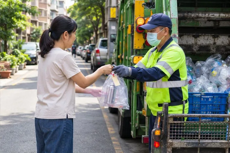 居民將單獨包裝並掛有提醒牌的噴霧罐交給資源回收人員