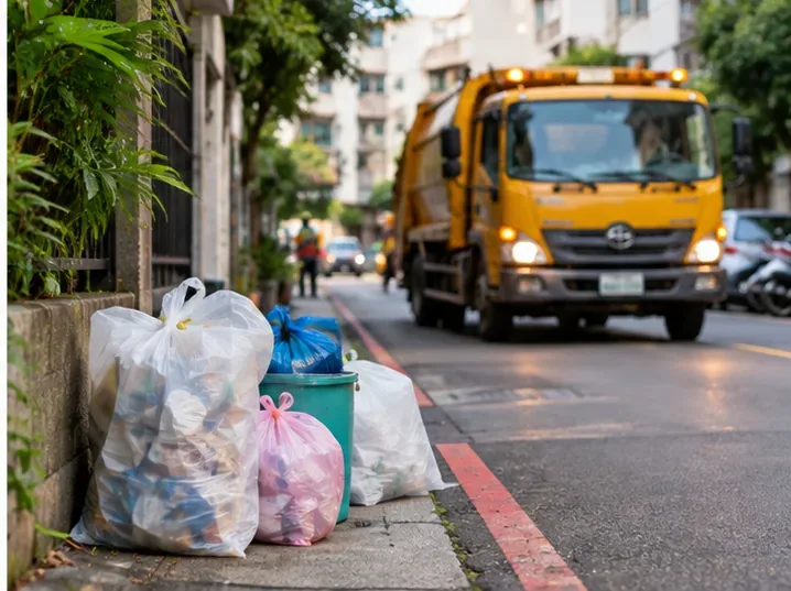 住宅街道旁已整理好的垃圾與回收物等待清運，遠處垃圾車正駛近
