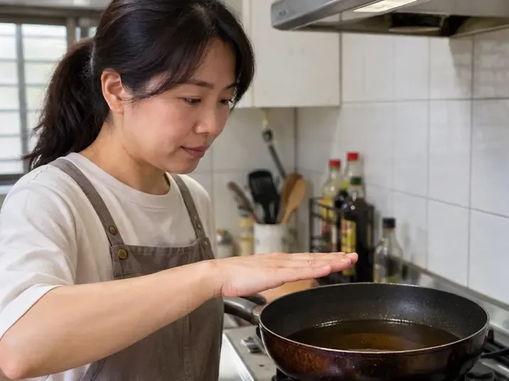廚房中民眾用手確認煎鍋內的廢食用油已冷卻，準備進行後續回收