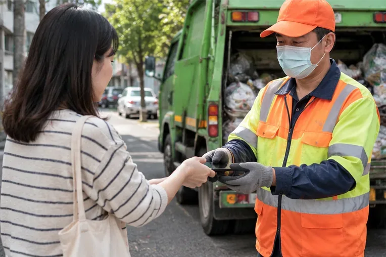 民眾在街邊把舊手機交給資源回收清運人員，後方可見回收車