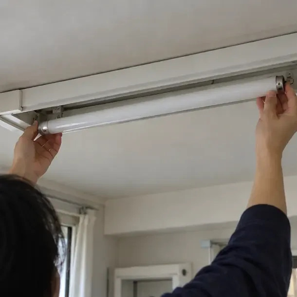 住家中，雙手扶住安裝在燈具上的直管日光燈兩端。