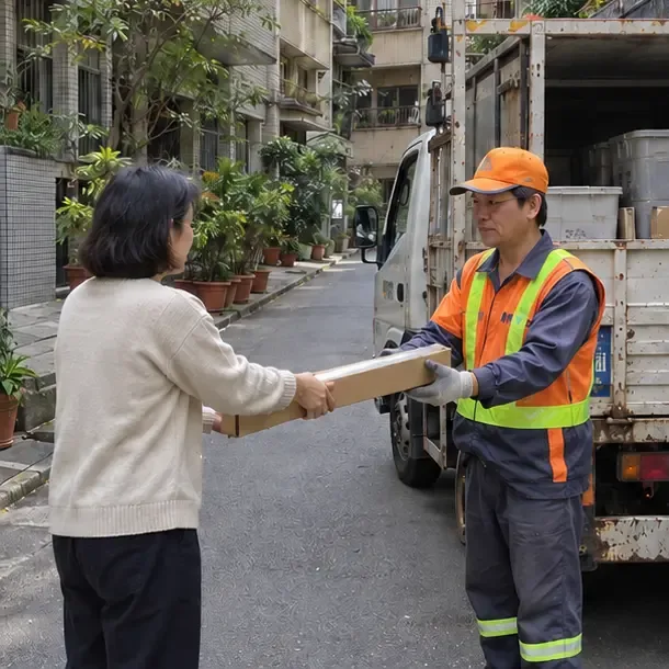 住戶將長形紙套交給穿著反光背心的清潔人員，旁邊停著回收車。