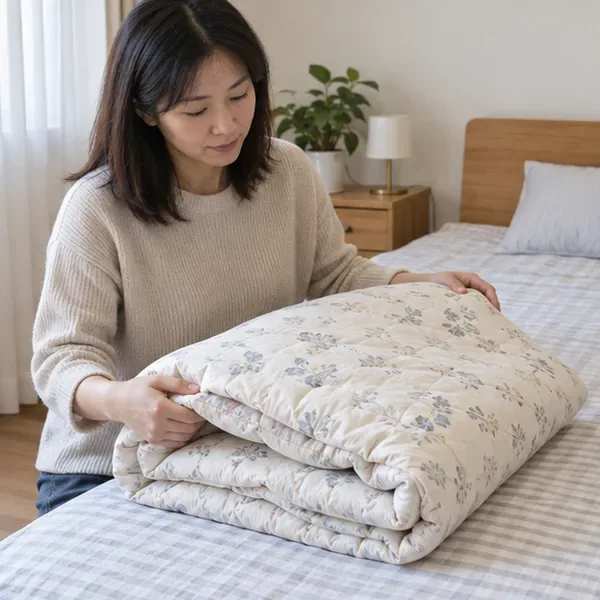 一位住戶檢查摺疊整齊的棉被，確認是否乾燥、潔淨且仍可使用
