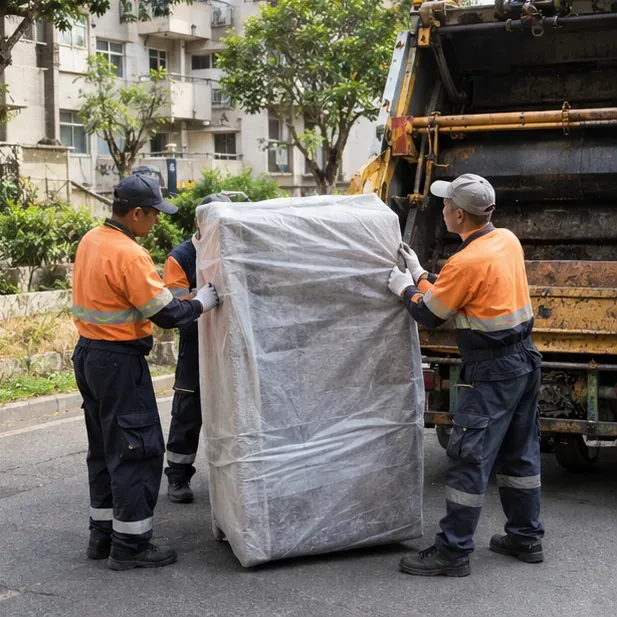 清運人員在住宅道路旁接收以防護布包覆的沙發，準備進行大型家具清運。