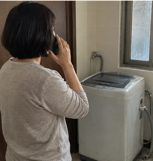 住戶站在舊洗衣機旁以手機聯絡清運單位，洗衣機位於住宅室內的洗衣空間