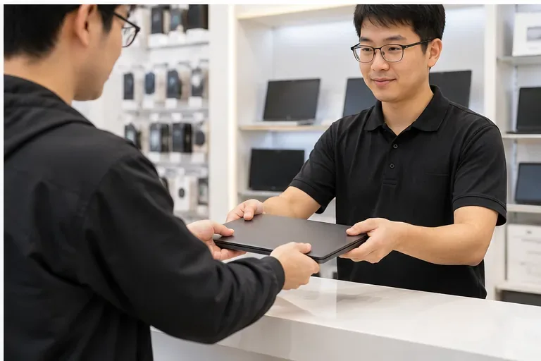 顧客在資訊產品門市櫃台把闔上的舊筆記型電腦交給店員