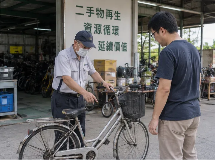 資源循環場域內，工作人員查看一輛舊腳踏車的狀況