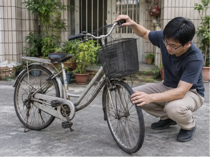 斗六住家前，一名男子檢查舊腳踏車的車輪、車架與零件狀況