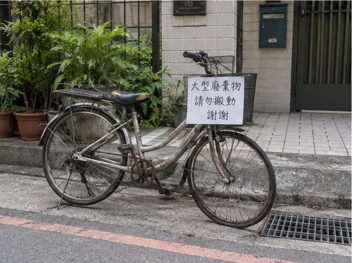 一輛舊腳踏車依約定放在住家外，車籃上有提醒勿搬動的標示