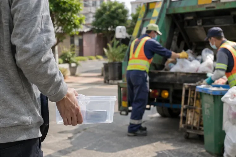 民眾手持透明容器走向街邊清運人員，容器內單獨放著一顆行動電源