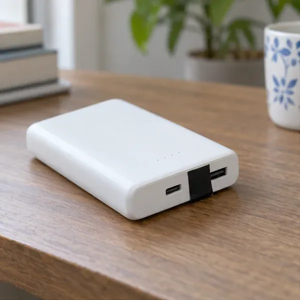白色行動電源放在乾燥木桌上，充電孔附近貼有絕緣膠帶