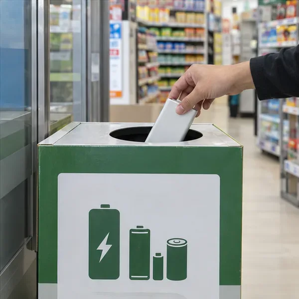 手持白色行動電源放入店內綠色電池回收箱的投入口