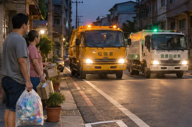 傍晚巷道中一般垃圾車與資源回收車沿線行駛，居民在路旁等待交付回收物